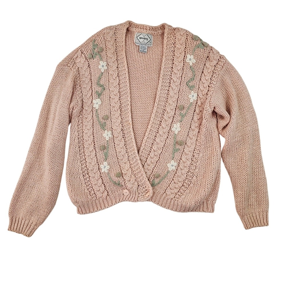 Vintage 1995 Nuggets Pink Floral Embroidered CableKnit Cardigan Sweater Womens M